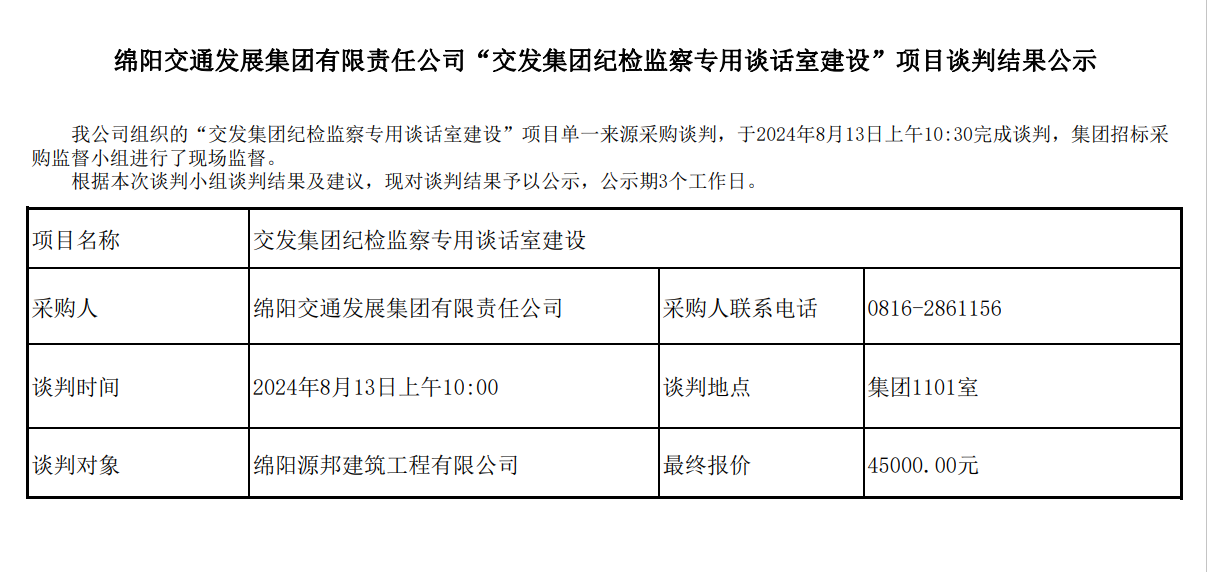 綿陽交通發(fā)展集團有限責(zé)任公司“交發(fā)集團紀(jì)檢監(jiān)察專用談話室建設(shè)”項目談判結(jié)果公示.png